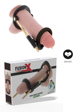 Fusion X Basic penisförlängare set, vit plast med justerbar dragmekanism och ikonen för kroppssäkert material visas.