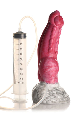 Resurrector Squirting Dildo är en rosa silikonleksak för vuxna med en texturerad yta, med en fastsatt spruta och slang för sprutande rörelse, visad mot en vit bakgrund.