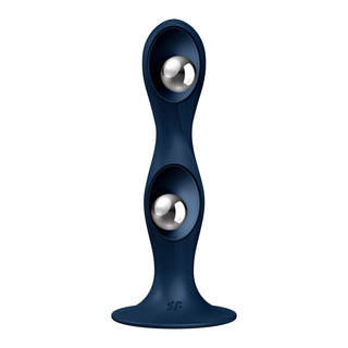 Satisfyer Double Ball-R Dildo 18 cm, tillverkad av kroppssäker silikon, har två silverbollar för anal eller vaginal stimulering och står upprätt på en platt bas, visas isolerad på vitt.