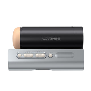 Lovense Solace Pro 2 är en svart och beige cylindrisk automatisk masturbator med en grå bas, med knappar, en ratt och appkontroll för bekväm användning.