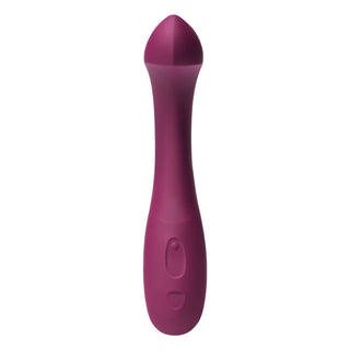Dame Arc G-punktsvibrator är en lila silikonvibrator med böjd design och kontrollknappar, perfekt för klitorisstimulering. Visas på en vit bakgrund.