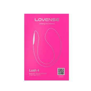 Lovense Lush 4 levereras i en ljusrosa förpackning med produktbeskrivning och QR-kod, perfekt för användning med interaktiva kameror och som en kraftfull G-punktsstimulator.