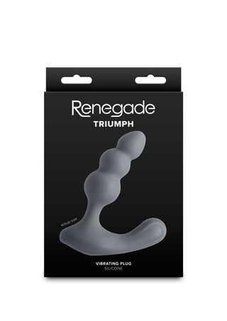 Grå silikonvibrator för prostata med en skaft med pärlor, presenterad i en svart Triumph by Renegade-förpackning.