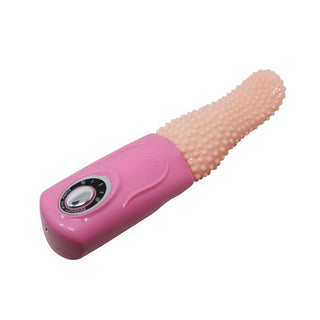 Rosa och beige texturerad silikonvibrator med kulfäste och vridreglage, mot en vit bakgrund.