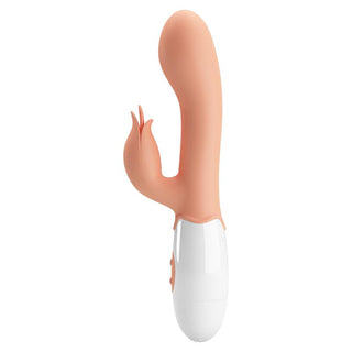 En rosa rabbitvibrator i silikon med dubbla stimulerande spetsar, mjuk konsistens och böjd design.