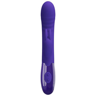 Cerberus Licking Rabbitvibrator, en lila silikonleksak med en böjd spets för stimulering av G-punkten och dubbla handtagsknappar, visas mot en vit bakgrund.