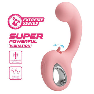 Rosa dubbelvibrator i silikon med böjd design, ergonomiskt handtag och flexibel tungformad stimulator.
