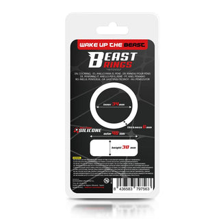 Den svartvita förpackningen för Beast Rings Penisring 3,4 cm, märkt "Wake Up The Beast", innehåller storleksinformation, en streckkod och visar upp sin premium silikon design för förbättrad erektion.