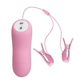 E-Stim Bröstklämmor Med Vibration ger elektrifierande stimulans med sin rosa fjärrstyrda design med kablar och kontrollknappar.