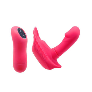 Rosa silikon, böjd vibrator med clamshell-design och fjärrkontroll, avsedd för handsfree-användning.