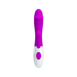 PrettyLove Snappy Purple är en lila och vit personlig massageapparat med en rundad spets för G-punktstimulering, med en lättanvänd kontrollknapp på handtaget.