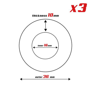 Diagram of the Beast Rings Penisring 3-pack bricka: 16mm innerdiameter, 36mm ytterdiameter, 10mm tjocklek, med en röd x3 etikett-designad för uthållighet och för att stödja erektion.