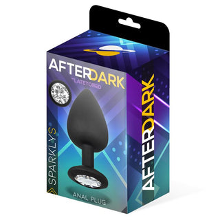 Afterdark Sparkly Buttplug, gjord av premium silikon, visar upp en elegant svart design med en glittrande bas. Den kommer i en elegant låda märkt "After Dark" och "Sparklys", vilket gör den till en elegant analplugg för speciella tillfällen.