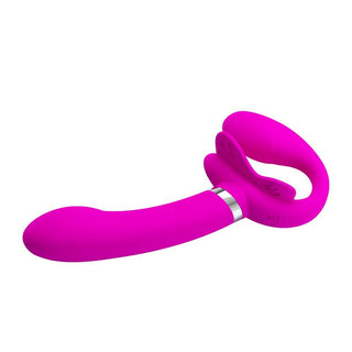 PrettyLove Valerie Strapon är en ljusrosa sexleksak i silikon med en dubbeländad, unisexdesign, med ett böjt handtag och fjärilsformat fäste för mångsidig massage.