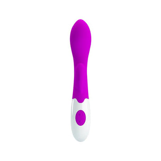 Kaninvibrator i lila och vit silikon med böjd spets, utformad för dubbelstimulering, mot vit bakgrund.