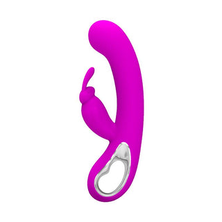 PrettyLove Webb Rabbitvibrator är en rosa silikon dubbelvibrator med böjd axel för G-punktsstimulans och separat klitorisstimulator för mångsidig njutning.