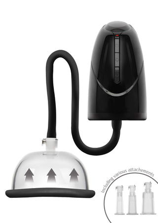 Svart She.E.O-pump med automatisk funktion, genomskinlig sugkopp och tre tillbehör.
