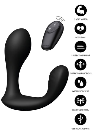 Svart silikonvibrator för prostata med fjärrkontroll, vattentät konstruktion, USB-laddning.