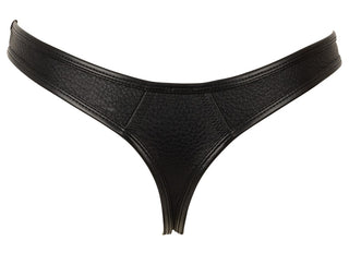 Svart string i konstläder med kedjedetaljer och sömförsedda paneler.
