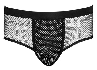 Glittrande Nätpants Herr är svarta byxor med nätinsatser framtill, dekorerade med glittrande stenar och diamantmönstrad mesh för en elegant look.