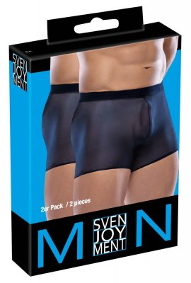 Boxförpackningen till 2-Pack Herrkalsonger visar bilder på två par Svenjoyment svarta skira underkläder för män, vilket framhäver det förstärkta fodret för extra komfort.
