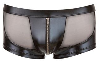 Wetlook Kalsonger med Dragkedja: Svarta herrboxershorts i wetlook och mesh med dragkedja framtill, visade mot vit bakgrund.