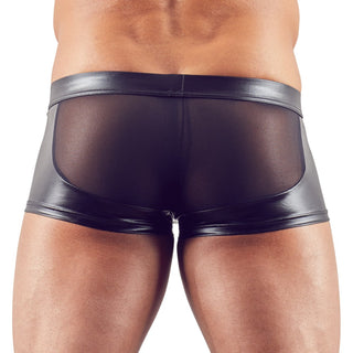 Man iförd Wetlook Kalsonger med Dragkedja shorts i svart wetlook mesh och konstläder, bakifrån.