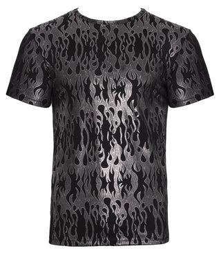 Svenjoyment Metallic Shirt är en svart, kroppsnära skjorta i stretchigt tyg med ett slående metalliskt silverflammönster över framsidan och ärmarna.