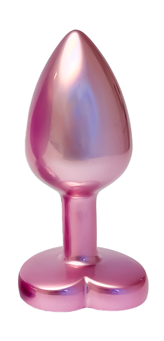 En Pearl Pink Buttplugg Small med hjärtformad bas och pärlrosa finish visas mot en vit bakgrund.