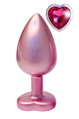 Pearl Pink Buttplugg Large är en glänsande, rosa, hjärtformad aluminiumplugg med ett rosa hjärta illustrerat i det övre högra hörnet.