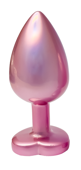 Pearl Pink Buttplugg Large, tillverkad av metallicrosa aluminium med en hjärtformad bas, är fotograferad mot en vit bakgrund - perfekt för dem som söker elegant komfort.