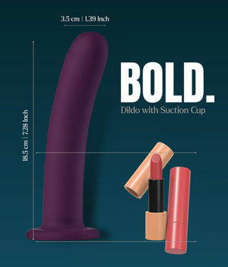 En böjd, mörklila Zenon-dildo i silikon med en sugkopp i botten.