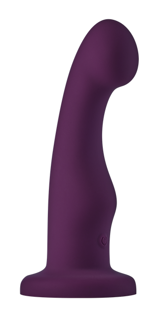 Max Fjärrstyrd Dildo: lila, böjd vibrerande dildo med sugkopp och strömbrytare.