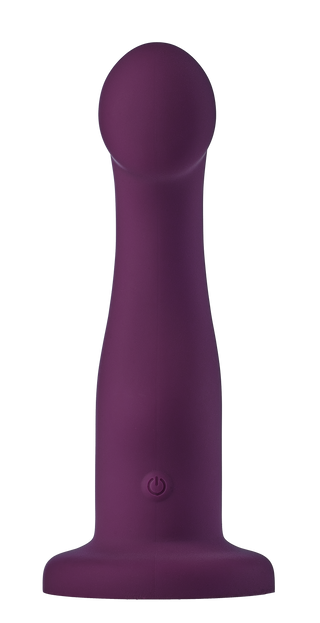 Lila fjärrstyrd dildo i silikon med rundad spets, utvidgad bas och en strömbrytare på skaftet.