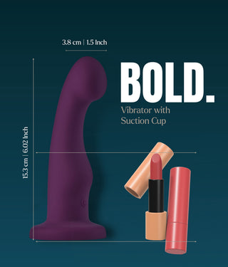 Lila, böjd silikondildo med sugkopp i botten.