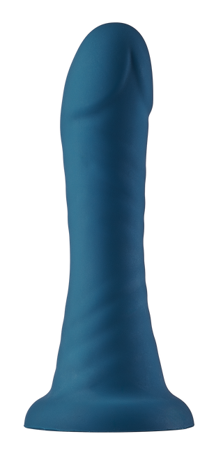 Blå silikondildo med utvidgad bas och sugkopp.