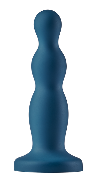 Blå silikondildo med en formad, kulformad spets och en platt sugkopp som bas.