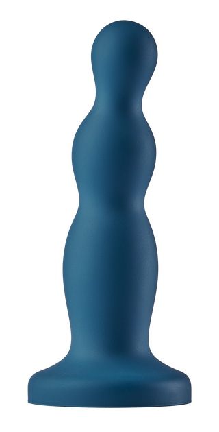 Blå silikondildo, modell Rune, med en rundad, vågformad form och en sugkopp i botten.