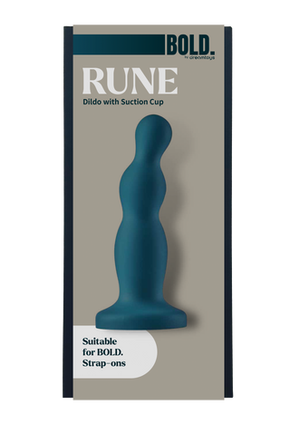 En turkos silikondildo med en böjd skaft och en sugkopp i botten.