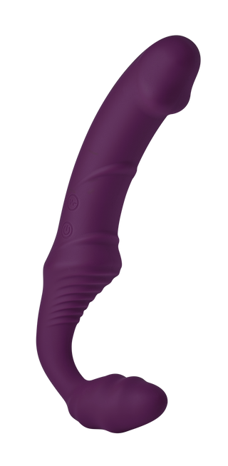 Mörklila silikonvibrator utan remmar med böjd form och inbyggda reglage.