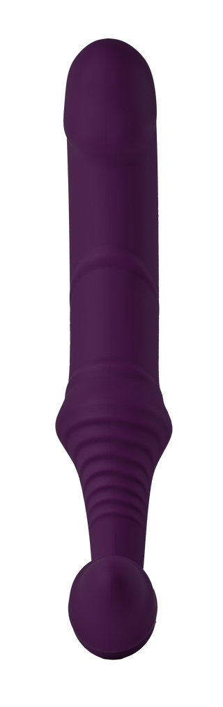 En mörklila silikonvibrator med en räfflad bas och en liten rundad knopp.