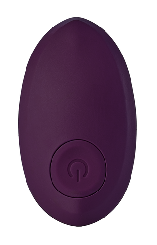Lila, oval Storm Fjärrstyrd strapless strap-on med en rund strömbrytare i mitten.