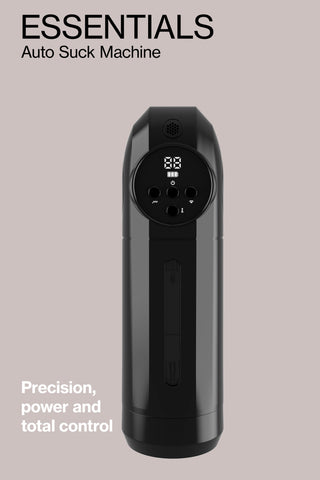 Svart, cylindrisk onanihjälp med automatisk sugfunktion, digital display och kontrollknappar.