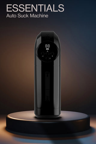 Svart, cylindrisk, automatisk sugmasturbator med digital display och kontrollknappar.