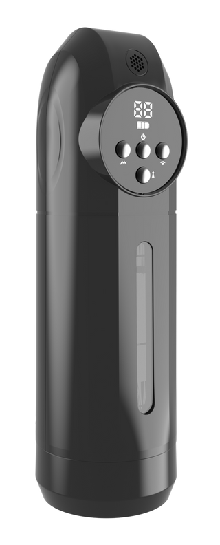 Svart cylindrisk onaniprodukt med digital display, runda knappar och ett tittrutfönster.
