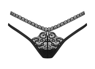 Blomentis String Svart trosor, som visas på en vit bakgrund, har intrikata blommiga spetsdetaljer och tunna remmar för en elegant och delikat look.