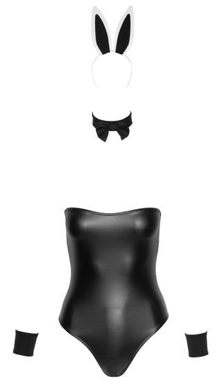Svart, axelbandslös kaninbodysuit med matchande choker, rosett, handledsband och hårband med kaninöron.