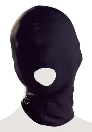Bad Kitty Head Mask är en svart BDSM-helkroppsmask för rollspel, med en oval munöppning och visad på en huvudformad modell.