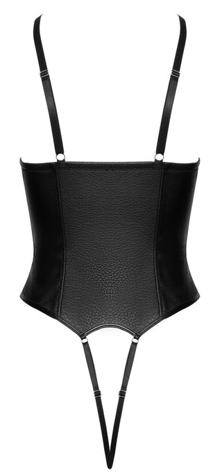 Svart bodysuit i imitationsläder med justerbara axelband, strumpeband och öppet grenparti.