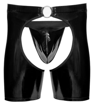 Svart Level Vinyl Chaps Set: Glänsande svarta vinylchaps med öppna paneler och en metallring i midjebandet - perfekt att kombinera med dina favoritfetischkläder eller stringtrosa för en djärv, vågad look.